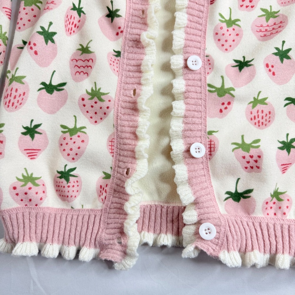 Womens Strawberry Print Ruffle Trim Knit Cardigan Pink Cream V-Neck Button Up - Picture 4 of 11